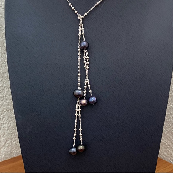 Silver-tone Chain with Freshwater Pearl Beads Lariat 24-Inch Necklace 12.5g - Picture 4 of 13